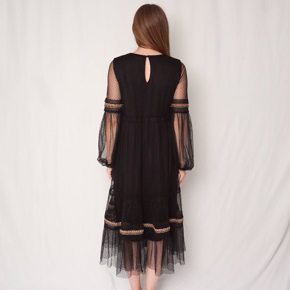 Zara Beaded Embroidered Mesh Black Midi Dress - Picture 5 of 9